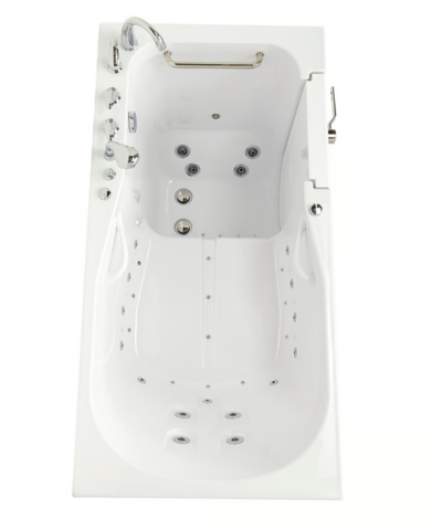 Head end of an Ella ShaK 36x72 walk in bathtub with backrest hydro jets and a stainless grab bar