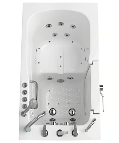 Interior top view of the Capri walk in bathtub showing jets, contoured seat and textured floor