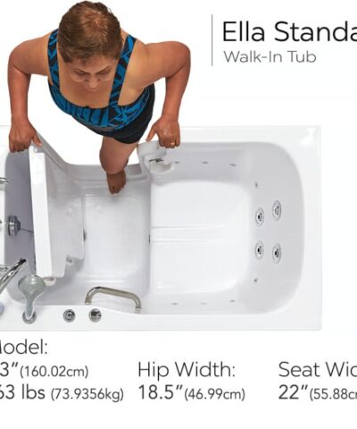 Overhead view of a bather stepping into an Ella Standard walk in tub with seat width marked