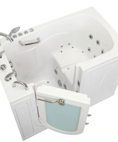 Clearance Capri 30x52 walk in bathtub with left hand outward swing door standing open