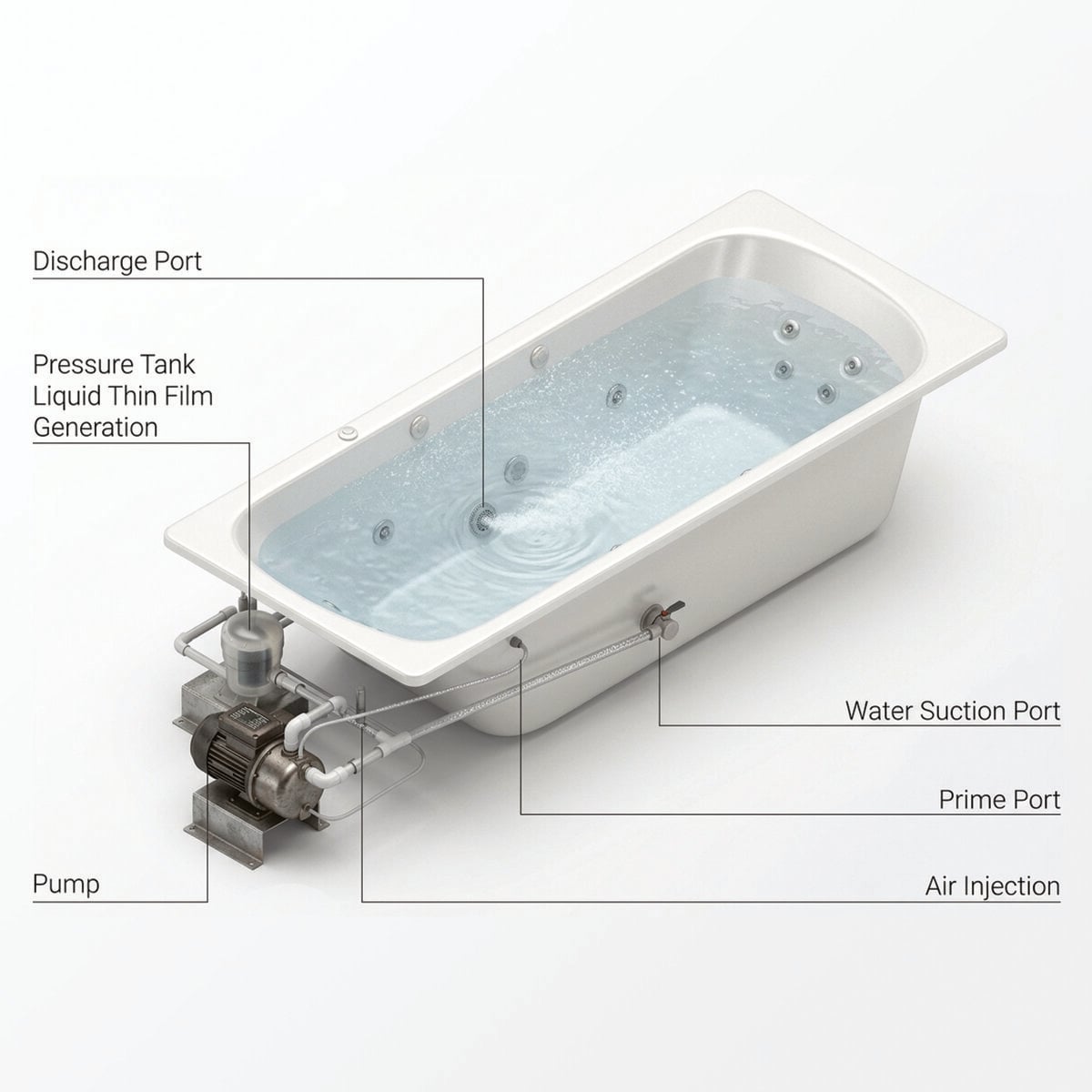 Microbubble therapy kit installed on a standard bathtub - Ella's Bubbles Microbubble therapy kit on a standard bathtub showing pump, pressure tank, air injection and water ports