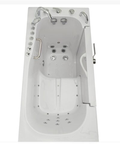 Inside view of a clearance Transfer60 walk in tub showing the seat, hydrotherapy jets and chrome grab bar