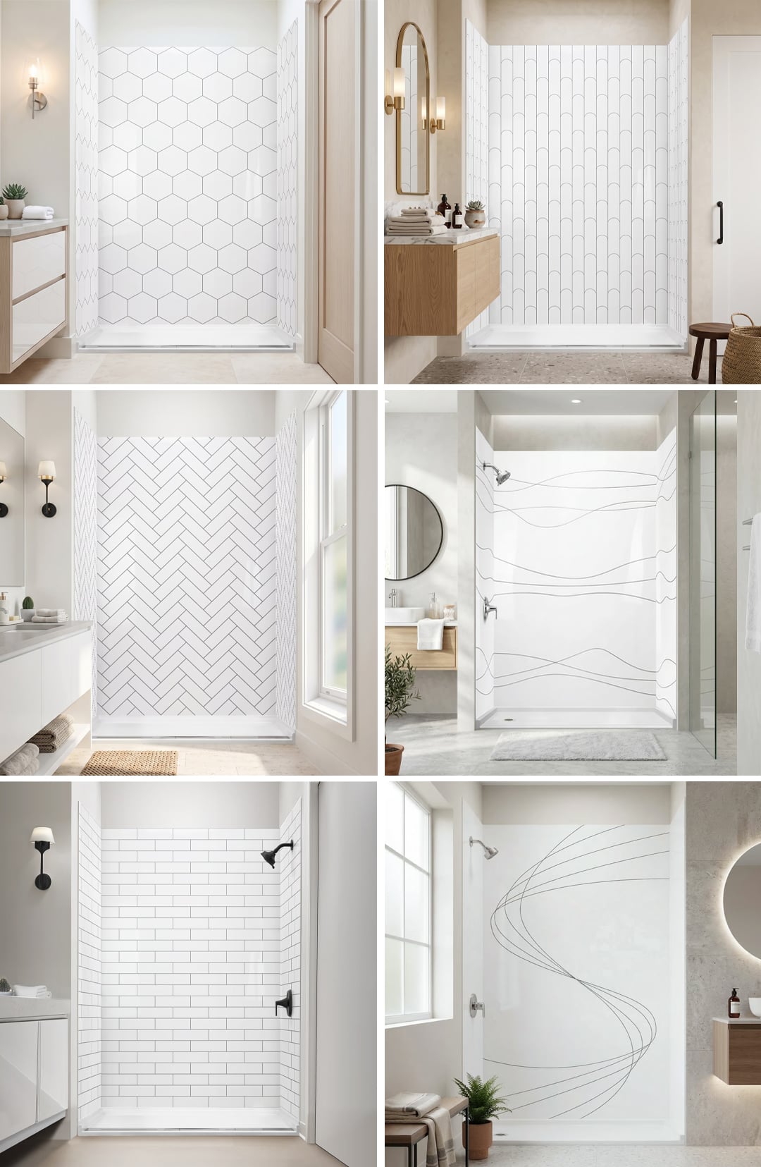 Ella acrylic 3-panel shower wall kits with CNC engraved patterns