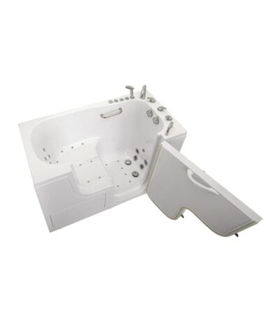 Clearance Transfer60 walk in tub with the outward swing door open, showing the seat and air massage jets