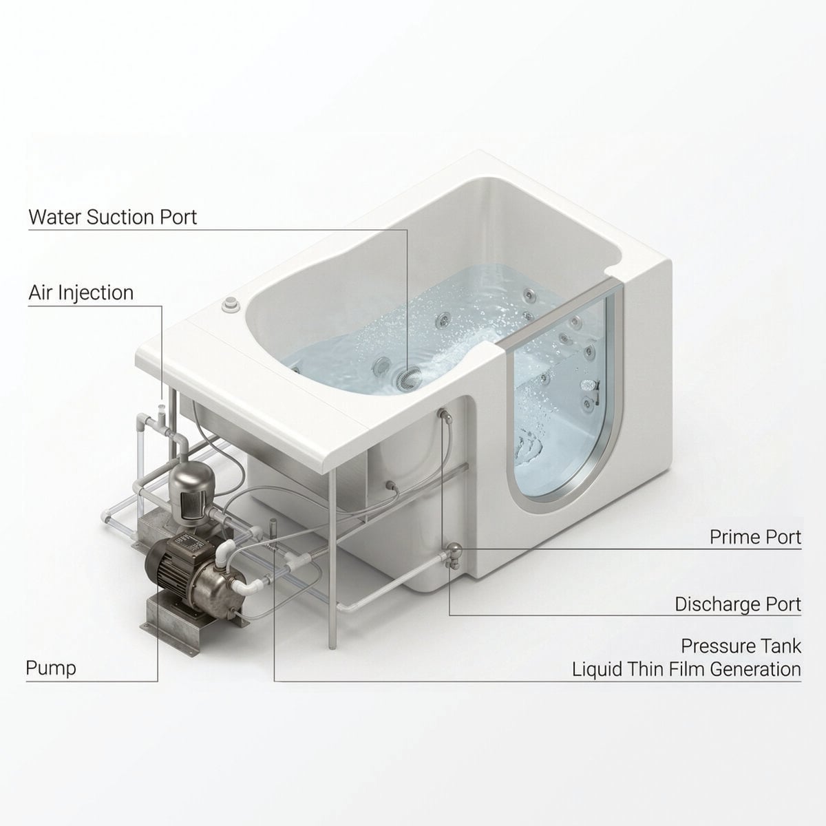 Microbubble therapy system installed on a walk-in tub - Ella's Bubbles Infusion microbubble therapy system on a walk-in tub showing pump, pressure tank, air injection and water ports