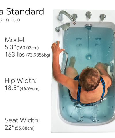 Baignoire à porte hydrothérapie en acrylique Ella Standard 30″ × 52″ en liquidation, porte et drain à droite, n° de série 551 - ella standard 30x52 walk in bathtub rh sn 551 bather top view - Bather seated in the Ella Standard walk-in tub, top view