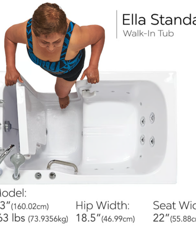 Baignoire à porte hydrothérapie en acrylique Ella Standard 30″ × 52″ en liquidation, porte et drain à droite, n° de série 551 - ella standard 30x52 walk in bathtub rh sn 551 entering tub - Bather stepping into the Ella Standard walk-in tub