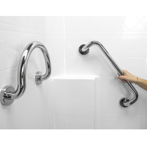 shower with molded seat x dual bent and circle polished stainless steel grab bars