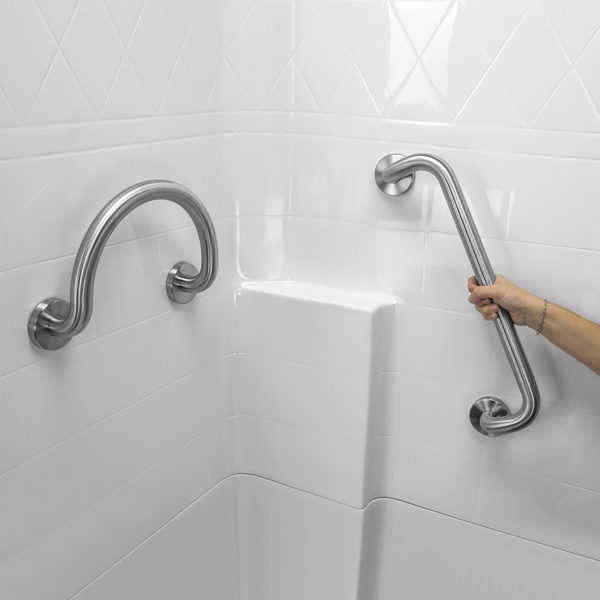 shower with molded seat x dual bent and circle grab bars in brushed nickel