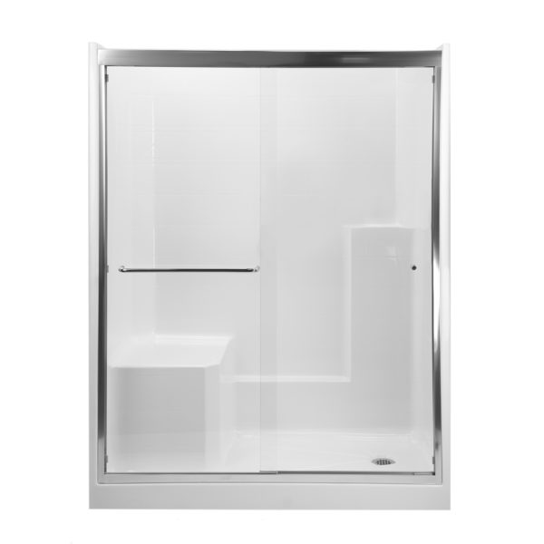 shower with molded seat sliding glass door in chrome finish